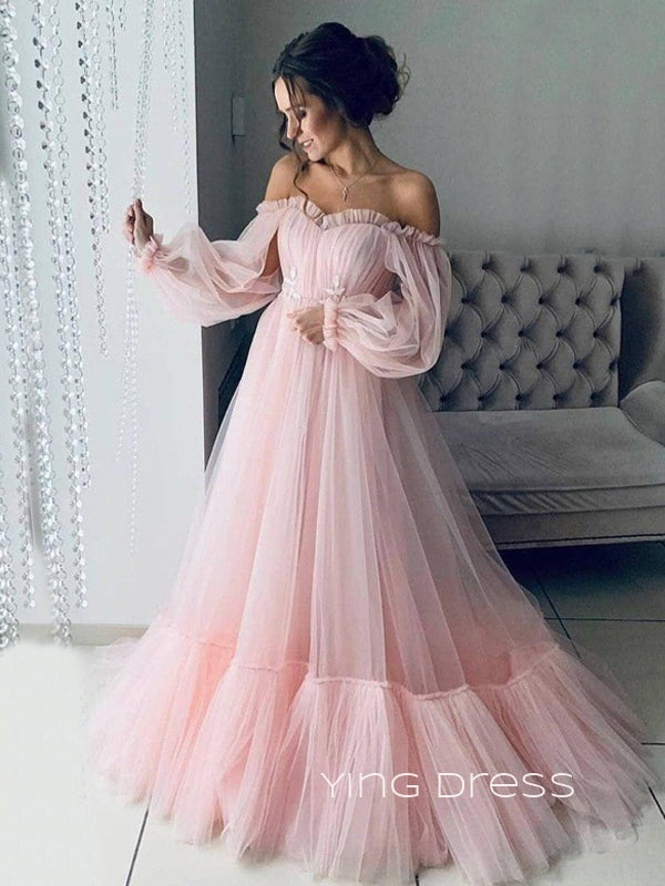 Pink Tulle A-line Off Shoulder Long Evening Prom Dresses, Long Sleeves – Ying Dress Pink Tulle A-line Off Shoulder Long Evening Prom Dresses, Long Sleeves – Ying Dress
