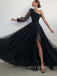 Long Sleeves Black Tulle A-line Long Evening Prom Dresses, Cheap High Slit prom dresses, YD0002