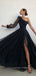 Long Sleeves Black Tulle A-line Long Evening Prom Dresses, Cheap High Slit prom dresses, YD0002