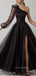 Long Sleeves Black Tulle A-line Long Evening Prom Dresses, Cheap High Slit prom dresses, YD0002