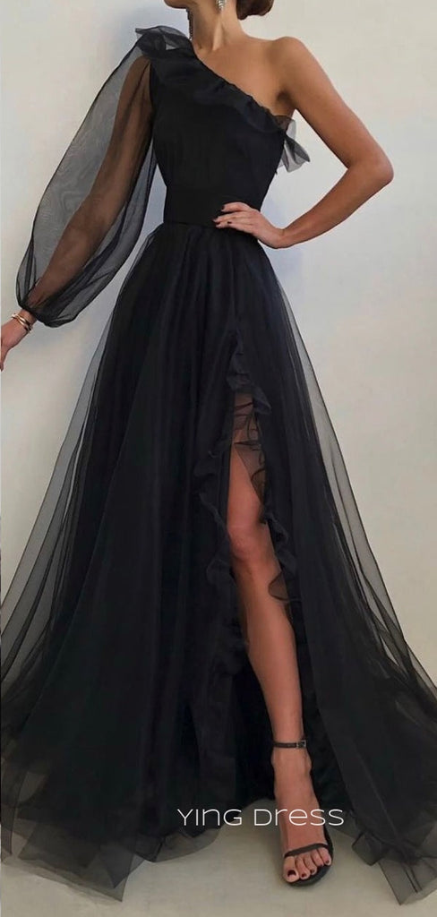 Long Sleeves Black Tulle A-line Long Evening Prom Dresses, Cheap High Slit prom dresses, YD0002