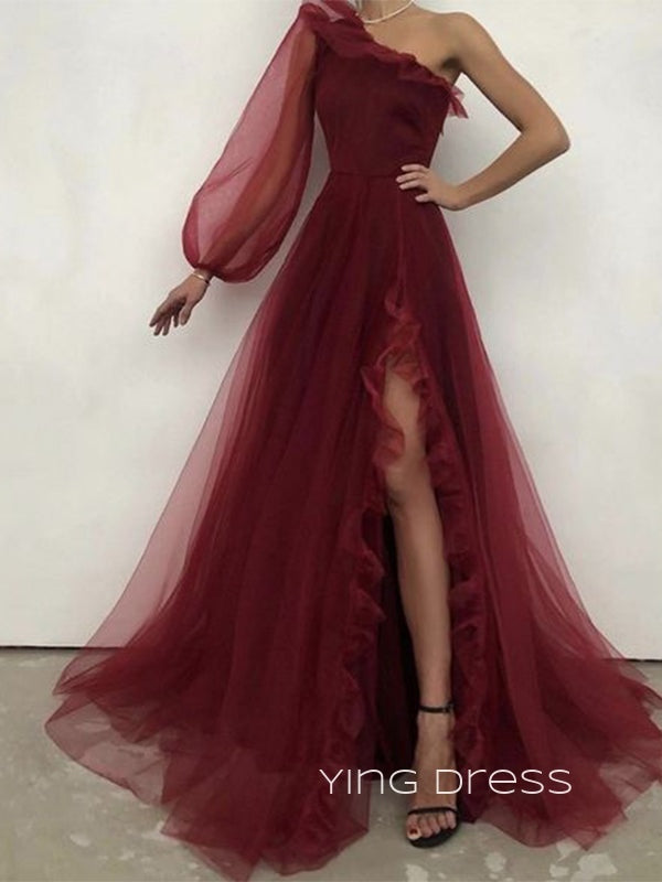 Burgundy Tulle Long Sleeves A-line Long Evening Prom Dresses, Cheap Side Slit prom dresses, YD0003