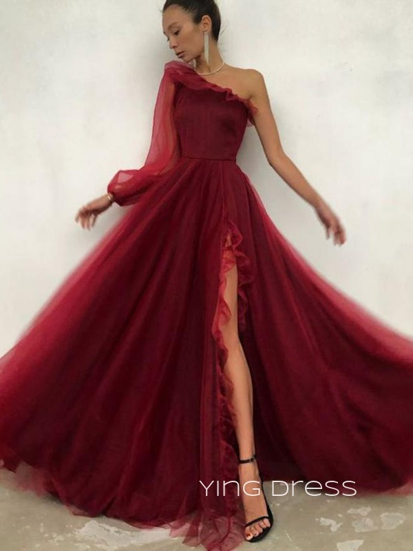 A-line Red Tulle Long Sleeves Long Evening Prom Dresses, Cheap Side Slit prom dresses, YD0004