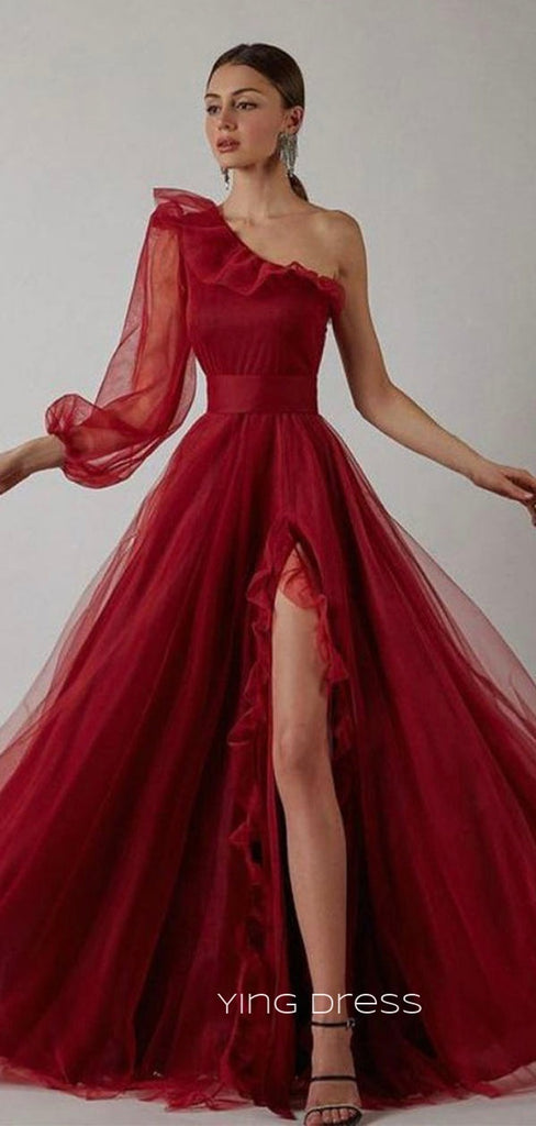 A-line Red Tulle Long Sleeves Long Evening Prom Dresses, Cheap Side Slit prom dresses, YD0004