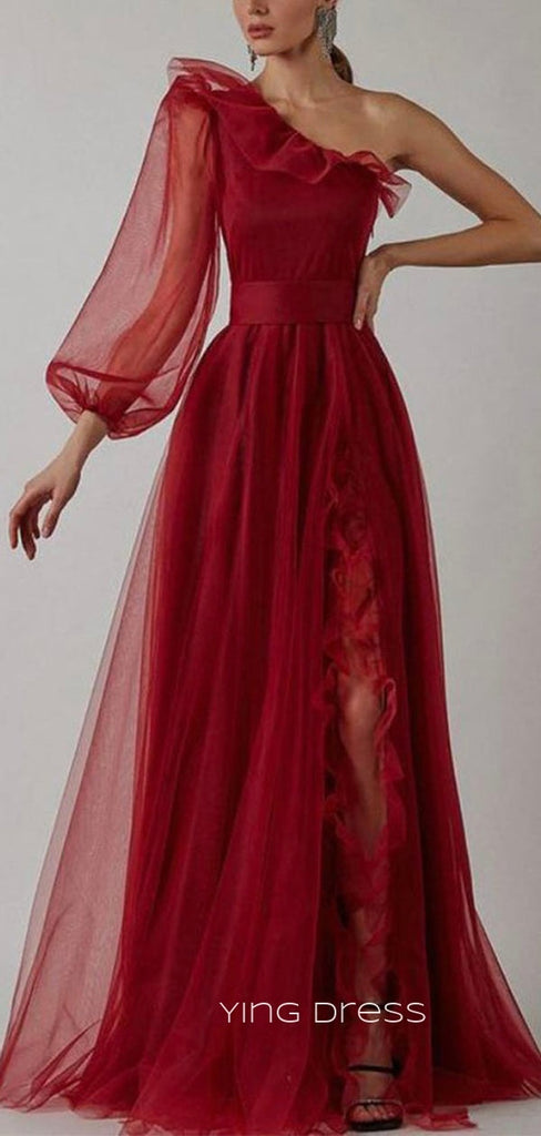 A-line Red Tulle Long Sleeves Long Evening Prom Dresses, Cheap Side Slit prom dresses, YD0004