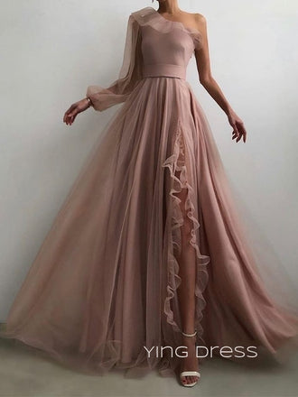 Popular Rose Gold Tulle A-line Long Evening Prom Dresses, Cheap prom dresses, YD0005