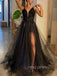 Deep V-neck Black Tulle Sparkly A-line Long Evening Prom Dresses, Cheap prom dresses, YD0006