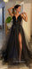 Deep V-neck Black Tulle Sparkly A-line Long Evening Prom Dresses, Cheap prom dresses, YD0006