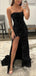 Black Sequins Mermaid Strapless Long Evening Prom Dresses, Side Slit prom dresses, YD0007