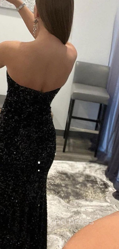 Black Sequins Mermaid Strapless Long Evening Prom Dresses, Side Slit prom dresses, YD0007