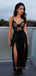 Sexy Black Satin Lace Spaghetti Straps Long Evening Prom Dresses, Cheap Custom prom dresses, YD0010