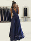 Deep V-neck Navy Blue Long Evening Prom Dresses, A-line Prom Dresses, YD0015