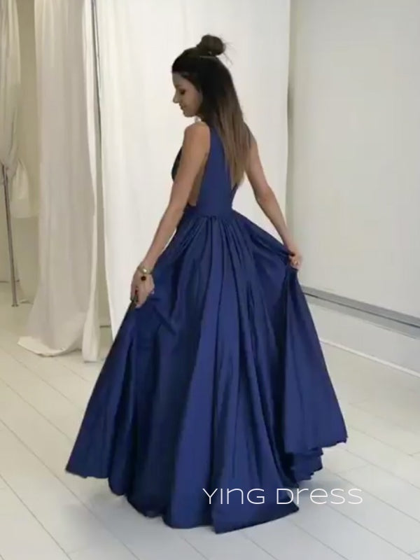 Deep V-neck Navy Blue Long Evening Prom Dresses, A-line Prom Dresses, YD0015