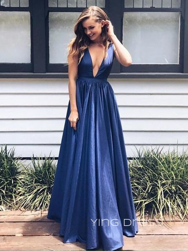 Deep V-neck Navy Blue Long Evening Prom Dresses, A-line Prom Dresses, YD0015