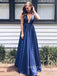 Deep V-neck Navy Blue Long Evening Prom Dresses, A-line Prom Dresses, YD0015