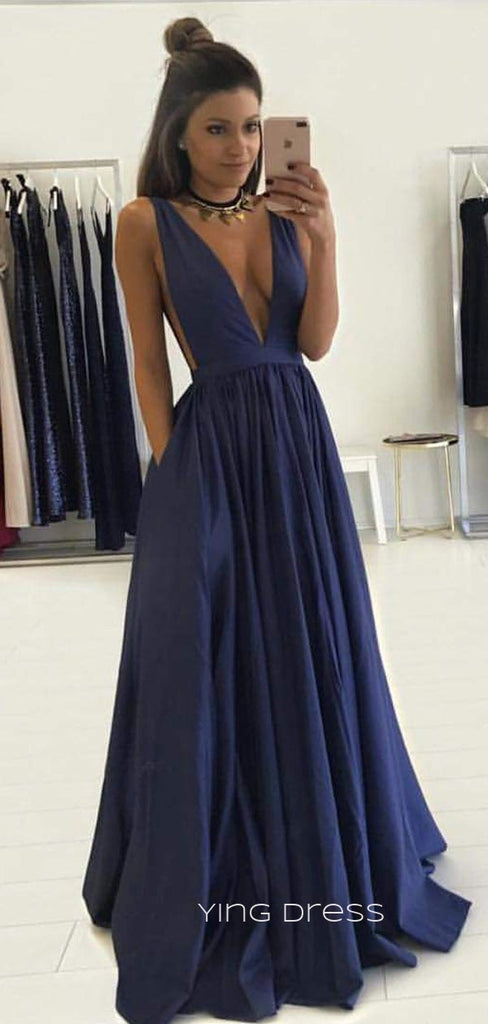 Deep V-neck Navy Blue Long Evening Prom Dresses, A-line Prom Dresses, YD0015