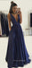 Deep V-neck Navy Blue Long Evening Prom Dresses, A-line Prom Dresses, YD0015