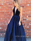 Navy Blue Satin Velvet Halter Long Evening Prom Dresses, Halter Prom Dresses, YD0016