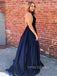 Navy Blue Satin Velvet Halter Long Evening Prom Dresses, Halter Prom Dresses, YD0016