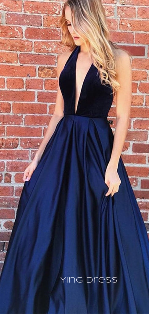 Navy Blue Satin Velvet Halter Long Evening Prom Dresses, Halter Prom Dresses, YD0016