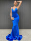 Royal Blue Satin Spaghetti Straps Long Evening Prom Dresses, V-neck prom dresses, YD0017