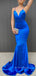 Royal Blue Satin Spaghetti Straps Long Evening Prom Dresses, V-neck prom dresses, YD0017