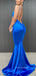 Royal Blue Satin Spaghetti Straps Long Evening Prom Dresses, V-neck prom dresses, YD0017