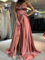 Dusty Rose Satin A-line Long Evening Prom Dresses, Side Slit Prom Dresses, YD0019