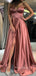 Dusty Rose Satin A-line Long Evening Prom Dresses, Side Slit Prom Dresses, YD0019