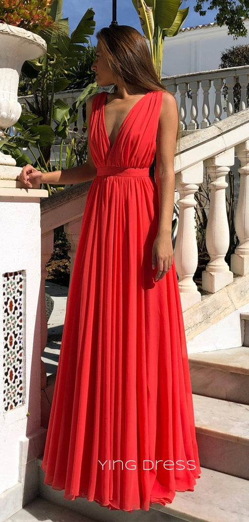 Simple Red Chiffon A-line Long Evening Prom Dresses, Custom V-neck Prom Dresses, YD0022