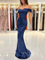 Navy Blue Satin Off Shoulder Long Evening Prom Dresses, Mermaid Custom prom dresses, YD0023