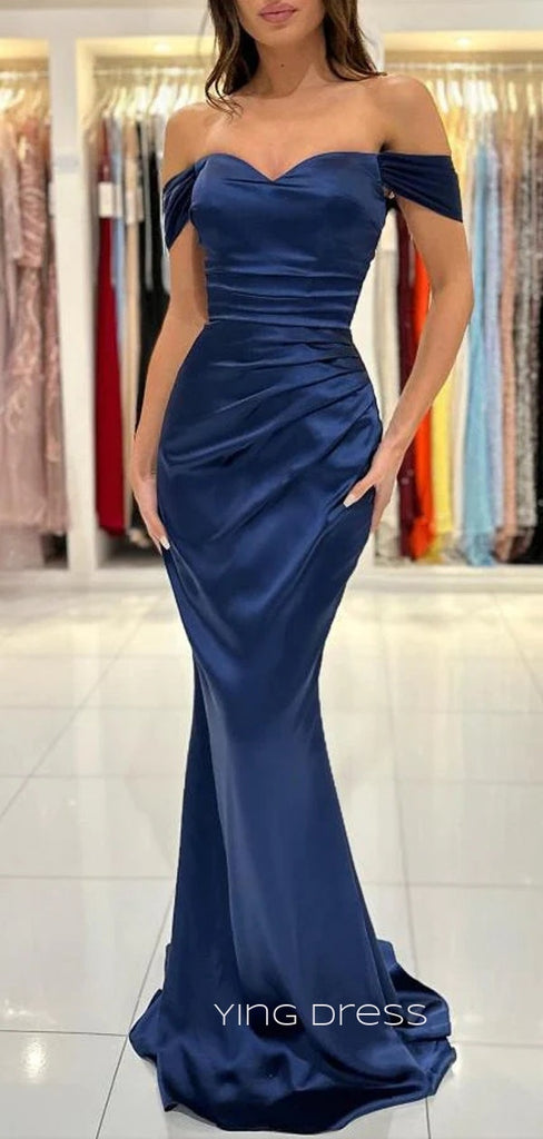 Navy Blue Satin Off Shoulder Long Evening Prom Dresses, Mermaid Custom prom dresses, YD0023