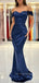 Navy Blue Satin Off Shoulder Long Evening Prom Dresses, Mermaid Custom prom dresses, YD0023