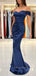 Navy Blue Satin Off Shoulder Long Evening Prom Dresses, Mermaid Custom prom dresses, YD0023