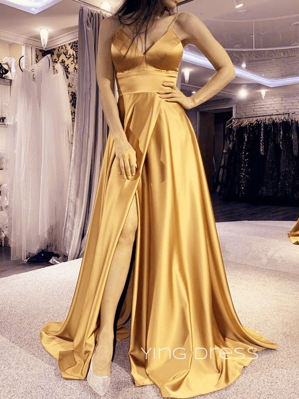 Gold Satin A-line Spaghetti Straps Long Evening Prom Dresses, Custom prom dresses, YD0027