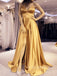 Gold Satin A-line Spaghetti Straps Long Evening Prom Dresses, Custom prom dresses, YD0027