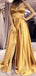 Gold Satin A-line Spaghetti Straps Long Evening Prom Dresses, Custom prom dresses, YD0027