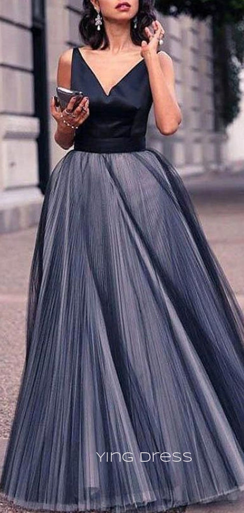 A-line Tulle V-neck Long Evening Prom Dresses, Custom prom dresses, YD0029