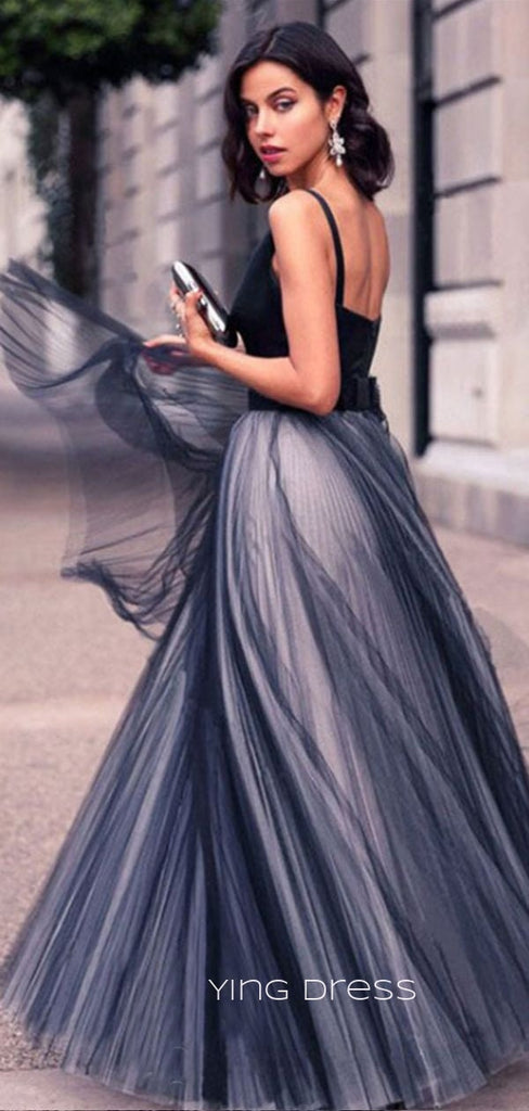 A-line Tulle V-neck Long Evening Prom Dresses, Custom prom dresses, YD0029