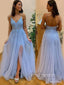 A-line Blue Tulle Appliques Long Evening Prom Dresses, V-neck Custom prom dresses, YD0030