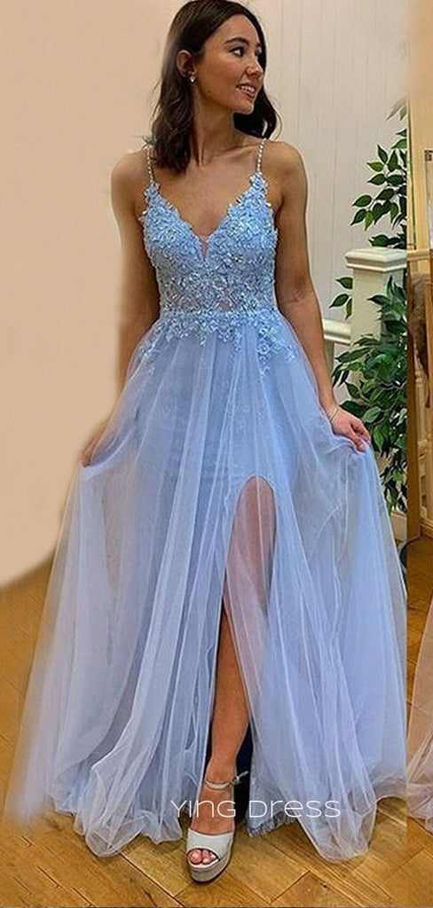 A-line Blue Tulle Appliques Long Evening Prom Dresses, V-neck Custom prom dresses, YD0030