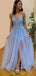 A-line Blue Tulle Appliques Long Evening Prom Dresses, V-neck Custom prom dresses, YD0030