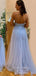 A-line Blue Tulle Appliques Long Evening Prom Dresses, V-neck Custom prom dresses, YD0030