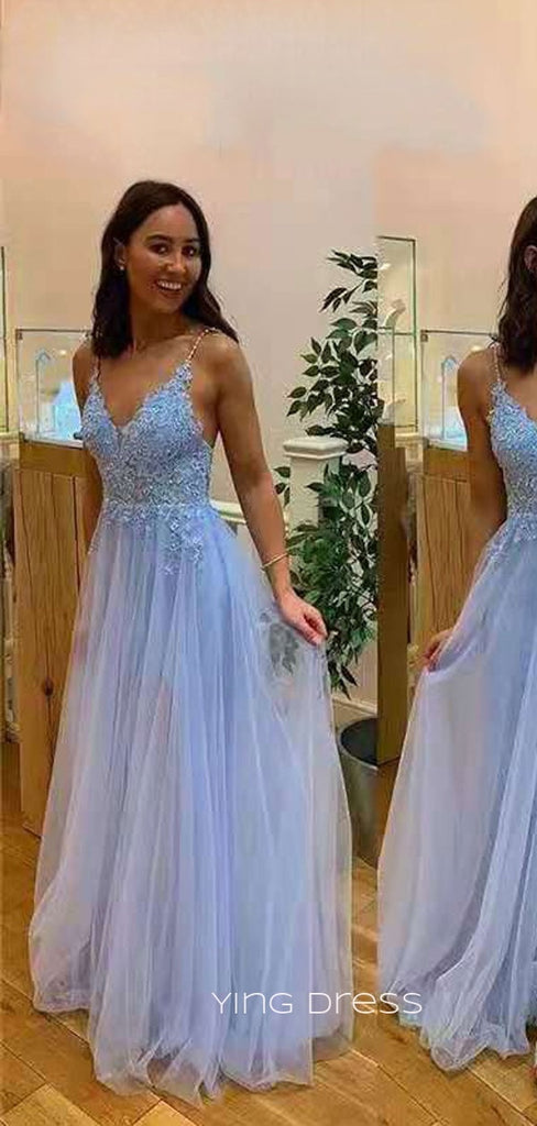 A-line Blue Tulle Appliques Long Evening Prom Dresses, V-neck Custom prom dresses, YD0030