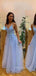 A-line Blue Tulle Appliques Long Evening Prom Dresses, V-neck Custom prom dresses, YD0030