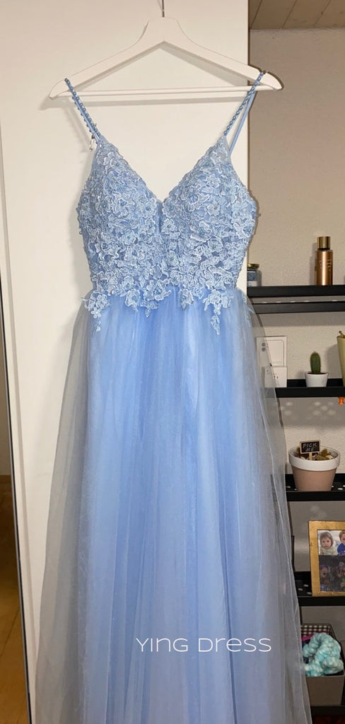 A-line Blue Tulle Appliques Long Evening Prom Dresses, V-neck Custom prom dresses, YD0030