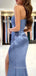 Dusty Blue Satin Mermaid Long Evening Prom Dresses, One Shoulder Custom prom dresses, YD0031