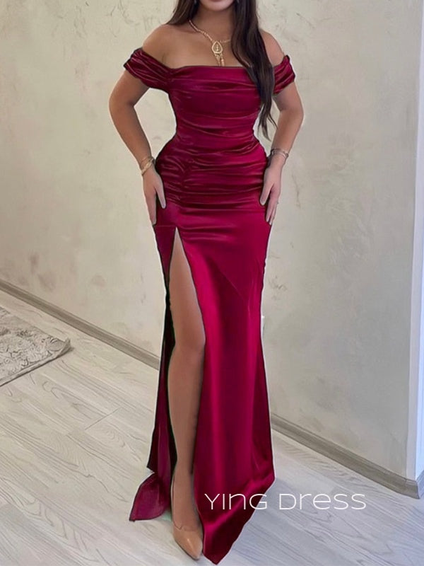 Off Shoulder Burgundy Satin Mermaid Long Evening Prom Dresses, High Slit Custom prom dresses, YD0035