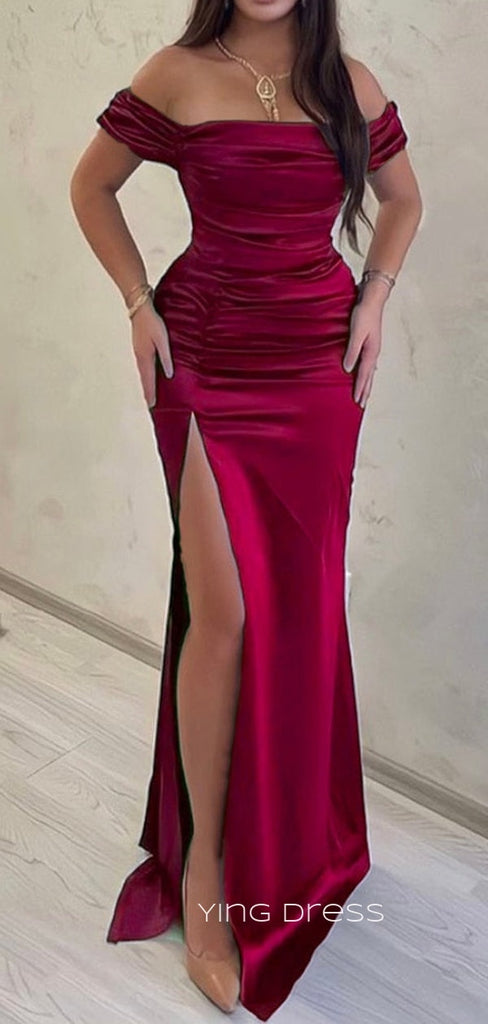 Off Shoulder Burgundy Satin Mermaid Long Evening Prom Dresses, High Slit Custom prom dresses, YD0035