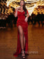 Mermaid Red Satin Side Slit Long Evening Prom Dresses, Custom prom dresses, YD0036